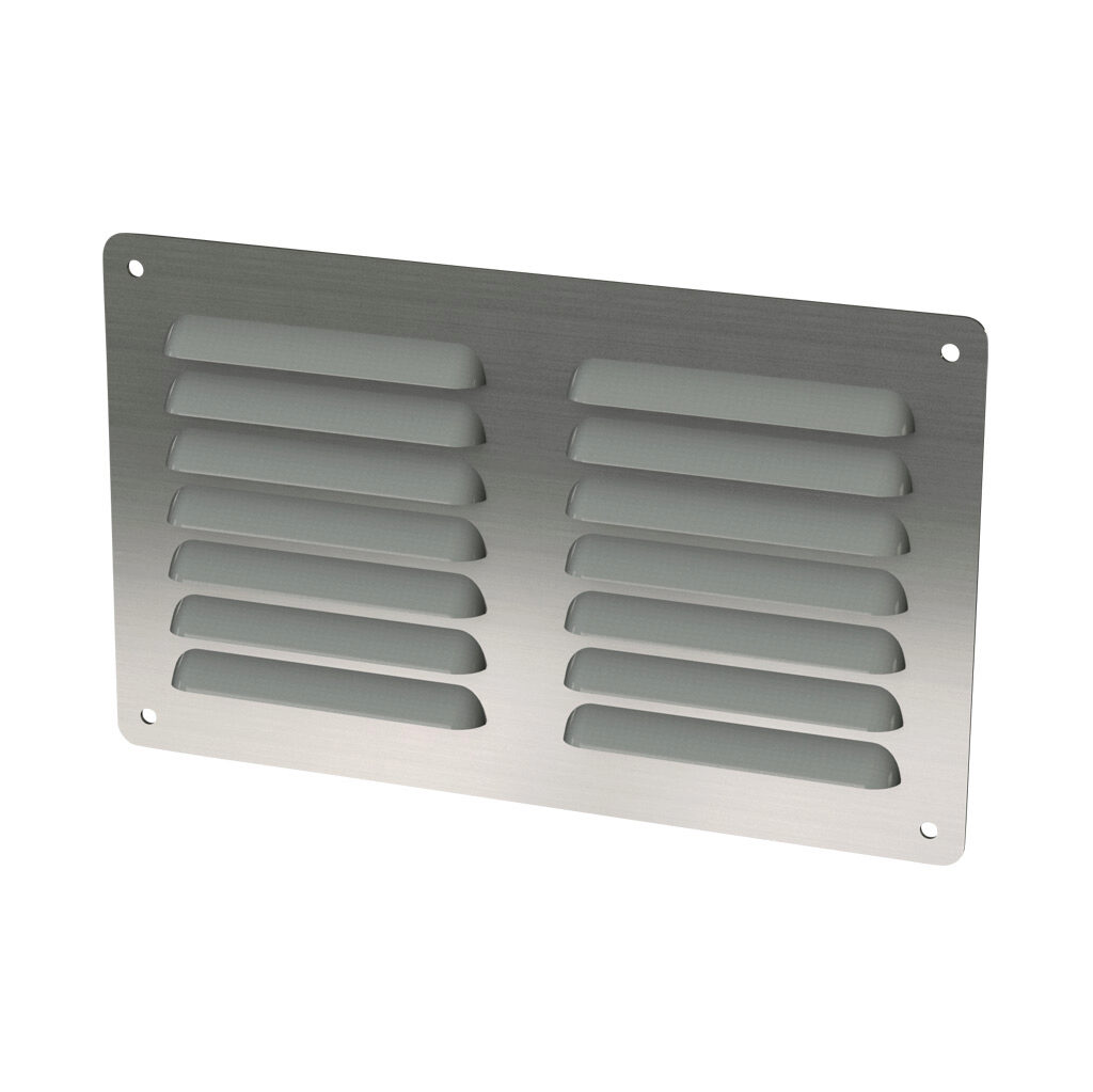 SCE-AVK84SS - Saginaw louver vent, 5.91 x 9.50in (HxW), 304 stainless steel, #4 brush finish, 4.56 x 8.00in (HxW) cutout, for ventilation of metal enclosure. Mounting hardware included.