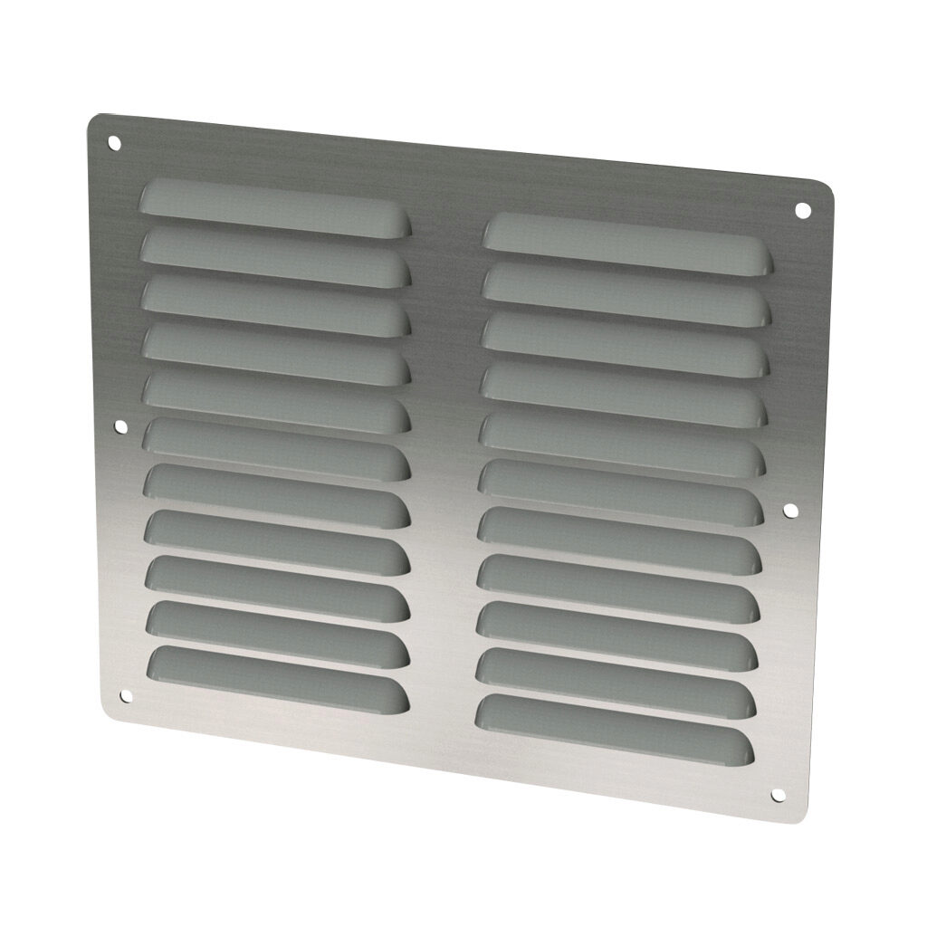 SCE-AVK86SS - Saginaw louver vent, 8.18 x 9.50in (HxW), 304 stainless steel, #4 brush finish, 6.94 x 8.00in (HxW) cutout, for ventilation of metal enclosure. Mounting hardware included.