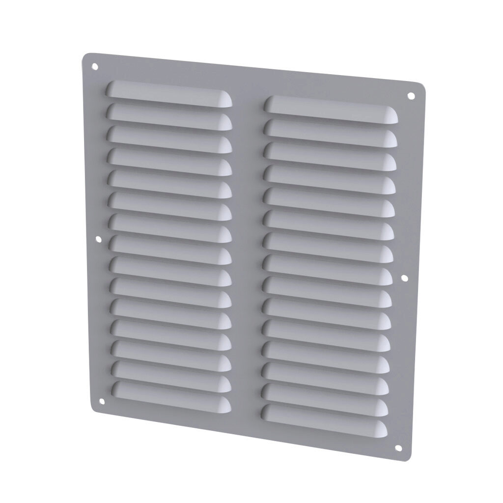SCE-AVK88 - Saginaw louver vent, 10.56 x 9.50in (HxW), carbon steel, ANSI 61 gray, powder coat finish, 9.31 x 8.00in (HxW) cutout, for ventilation of metal enclosure. Mounting hardware included.