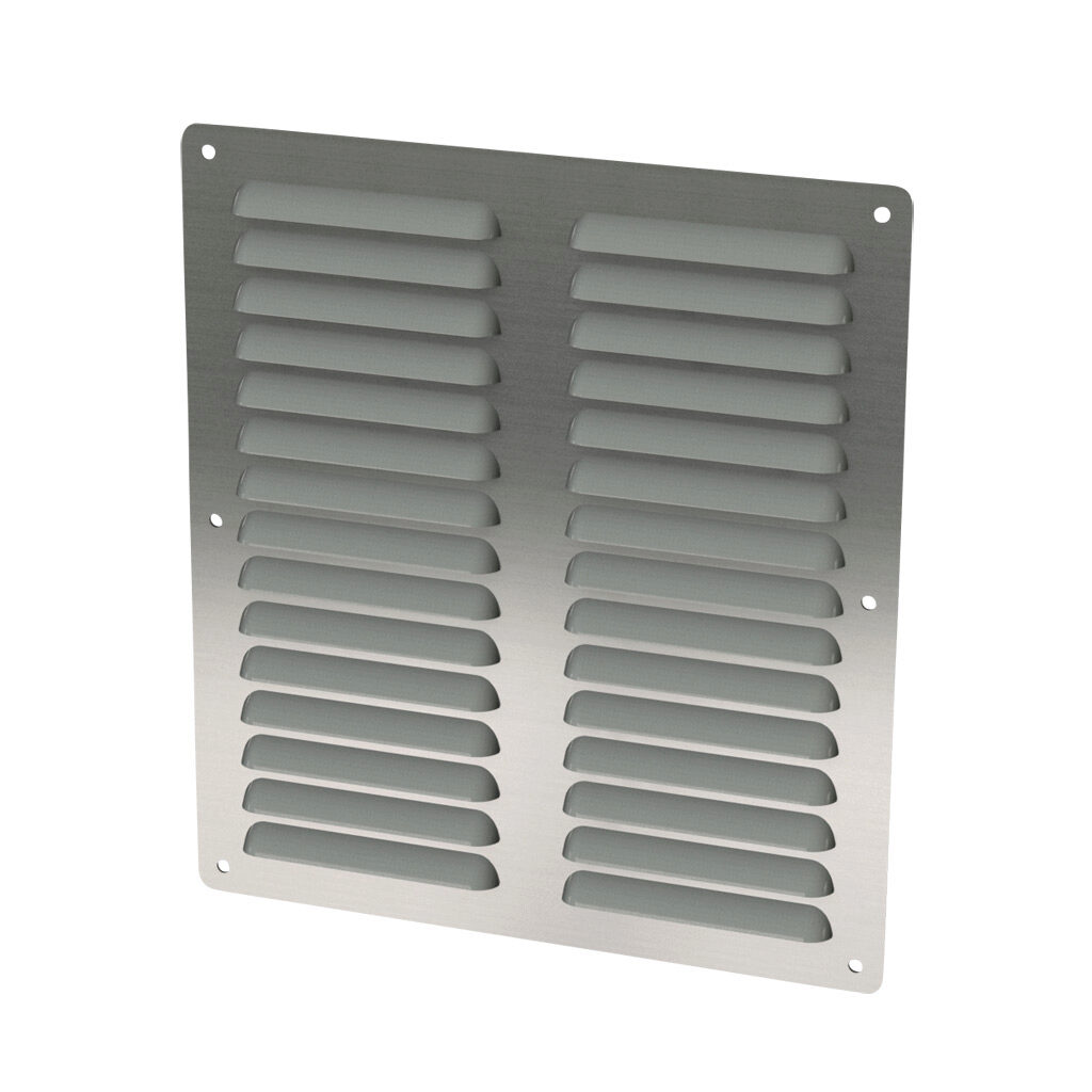 SCE-AVK88SS - Saginaw louver vent, 10.56 x 9.50in (HxW), 304 stainless steel, #4 brush finish, 9.31 x 8.00in (HxW) cutout, for ventilation of metal enclosure. Mounting hardware included.