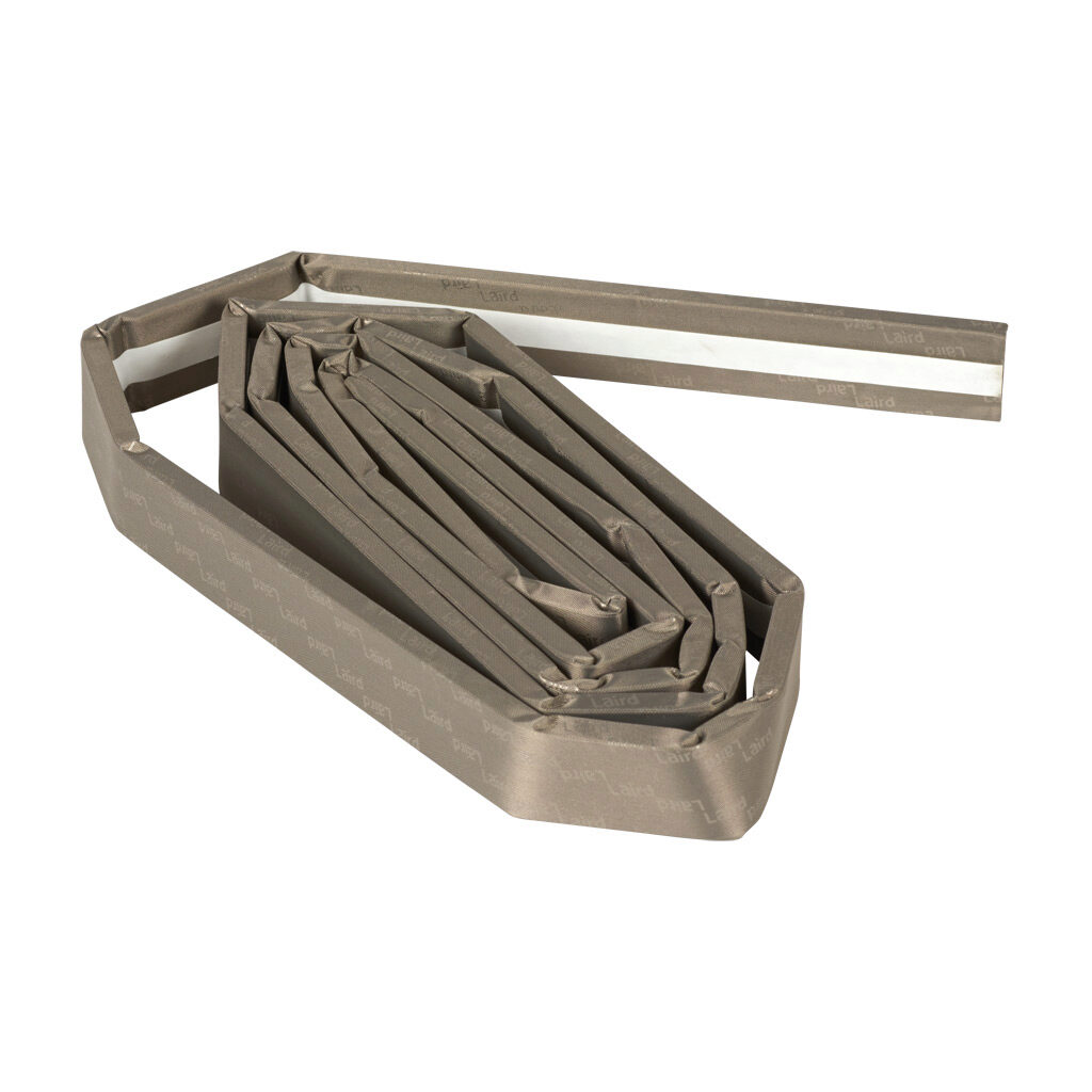 SCE-EMIG - Saginaw EMI/RFI shielded strip gasket, self-adhesive, closed-cell urethane wrapped in nickel-plated copper fabric, 1/4in thick x 1in wide x 7ft long roll. For use with NEMA 4/4X enclosures.