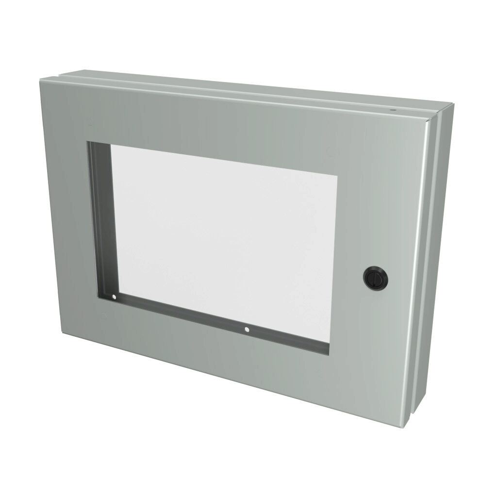 SCE-HWK1014 - Saginaw universal deep-hinged door, NEMA 3R/4/12/13, 10.00 x 14.00 x 2.63in, carbon steel, ANSI 61 gray, concealed hinges, polycarbonate window. For use with wall-mount enclosures.