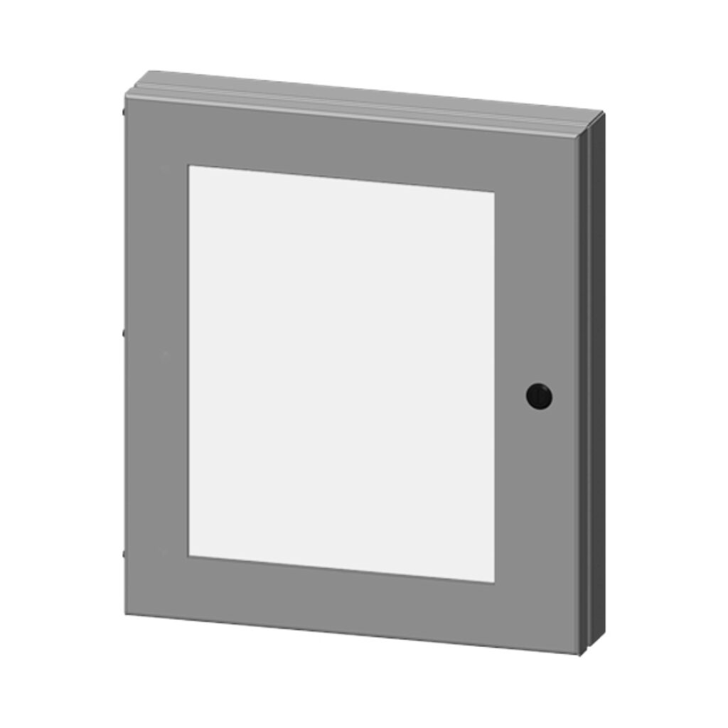 SCE-HWK1212LG - Saginaw universal deep-hinged door, NEMA 3R/4/12/13, 12.00 x 12.00 x 2.63in, carbon steel, RAL 7035 light gray, concealed hinges, polycarbonate window. For use with wall-mount enclosures.