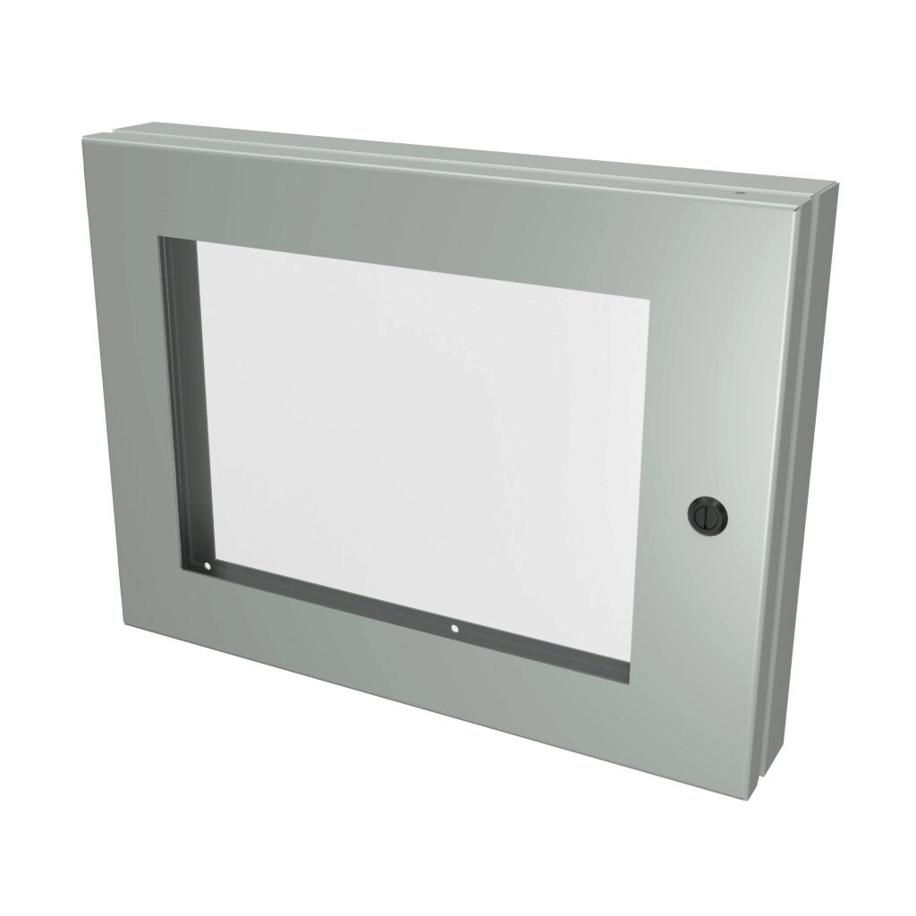 SCE-HWK1216 - Saginaw universal deep-hinged door, NEMA 3R/4/12/13, 12.00 x 16.00 x 2.63in, carbon steel, ANSI 61 gray, concealed hinges, polycarbonate window. For use with wall-mount enclosures.