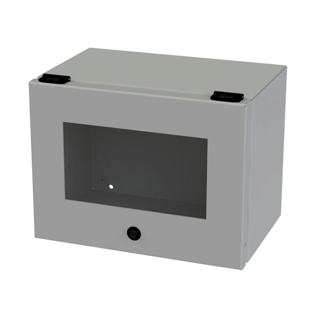 SCE-L9128ELJW - Saginaw wiring trough, 8 x 9 x 12in (HxDxL), NEMA 3R/4/12/13, wall mount, carbon steel, ANSI 61 gray, powder coat finish, single-door, polycarbonate window.