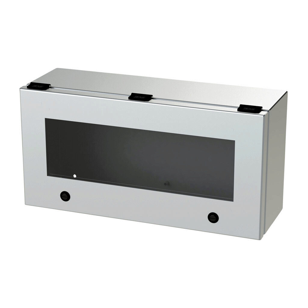 SCE-L9186ELJWSS - Saginaw wiring trough, 6 x 9 x 18in (HxDxL), NEMA 3R/4/4X/12/13, wall mount, 304 stainless steel, #4 brush finish, single-door, polycarbonate window.