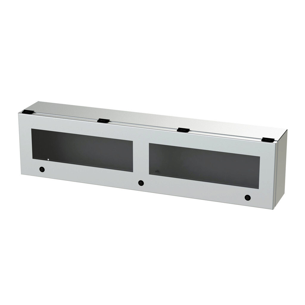 SCE-L9366ELJWSS - Saginaw wiring trough, 6 x 9 x 36in (HxDxL), NEMA 3R/4/4X/12/13, wall mount, 304 stainless steel, #4 brush finish, single-door, polycarbonate window.
