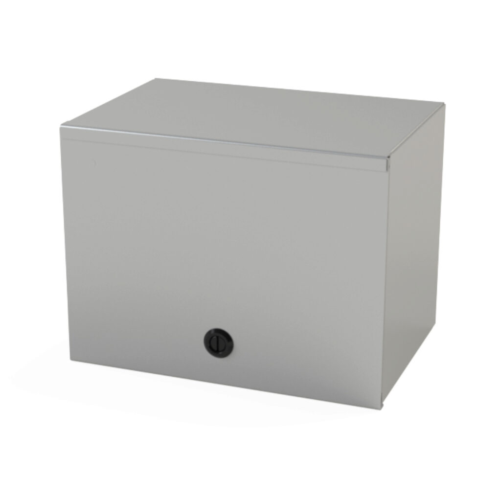 SCE-L9N128LP - Saginaw wiring trough, 8 x 9 x 12in (HxDxL), NEMA 1, wall mount, carbon steel, ANSI 61 gray, powder coat finish, single-door.