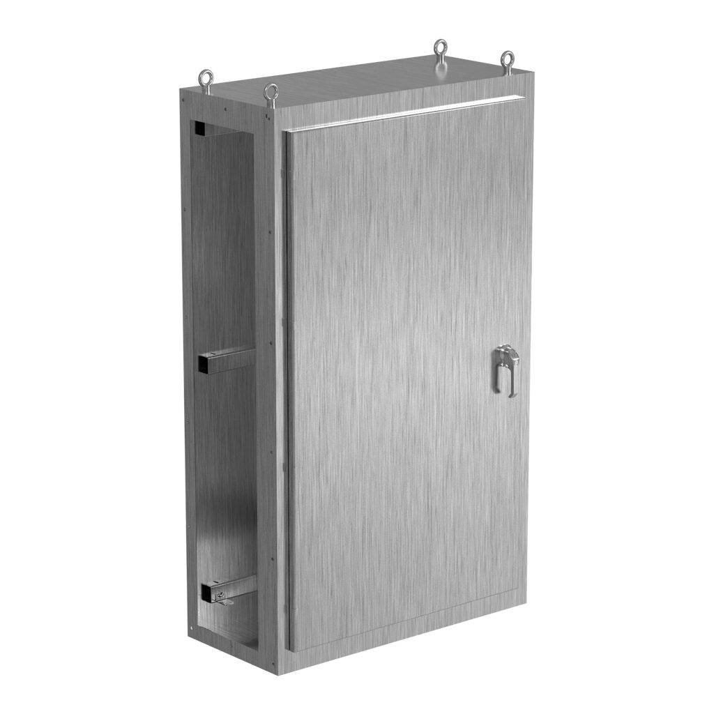 SCE-N68C4018SS - Saginaw NextGen series center enclosure bay, NEMA 3R/4/4X/12/13, 68 x 40 x 18in (HxWxD), freestanding, 304 stainless steel, #4 brush finish, single-door, 3-point padlocking combo handle.