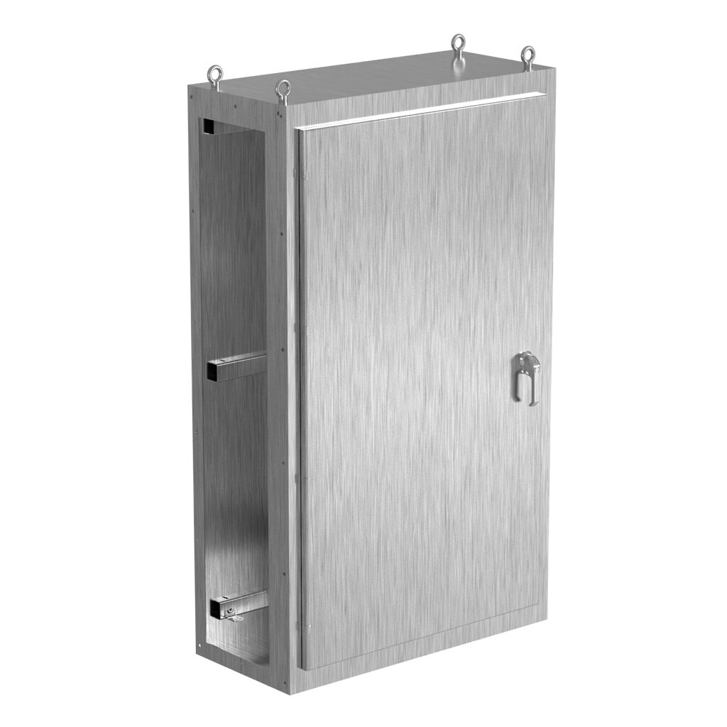 SCE-N68C4018SS6 - Saginaw NextGen series center enclosure bay, NEMA 3R/4/4X/12/13, 68 x 40 x 18in (HxWxD), freestanding, 316 stainless steel, #4 brush finish, single-door, 3-point padlocking combo handle.