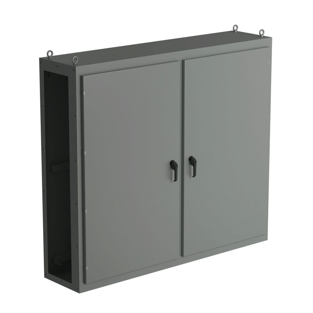 SCE-N68C7818 - Saginaw NextGen series center enclosure bay, NEMA 3R/4/12/13, 68 x 78 x 18in (HxWxD), freestanding, carbon steel, ANSI 61 gray, polyester powder coat finish, 2-door, 3-point padlocking combo handle.