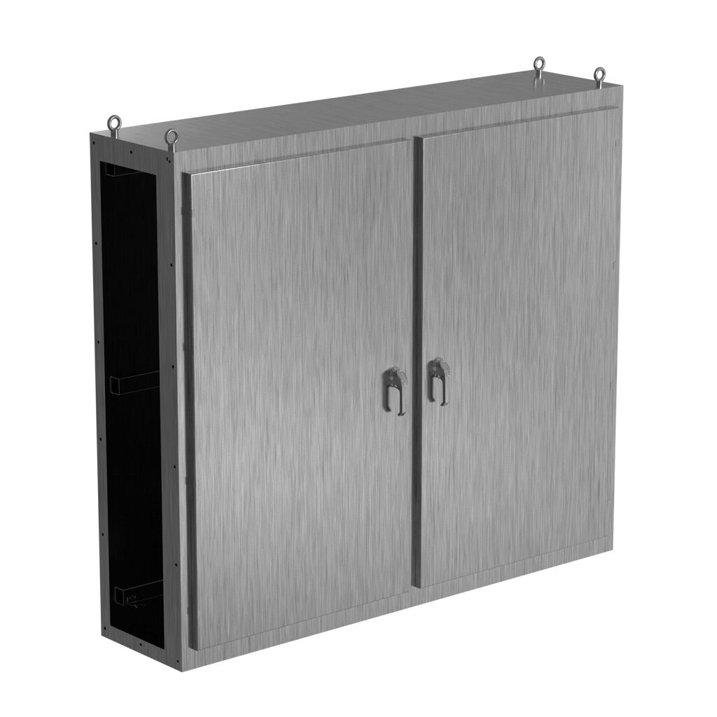 SCE-N68C7818SS6 - Saginaw NextGen series center enclosure bay, NEMA 3R/4/4X/12/13, 68 x 78 x 18in (HxWxD), freestanding, 316 stainless steel, #4 brush finish, 2-door, 3-point padlocking combo handle.