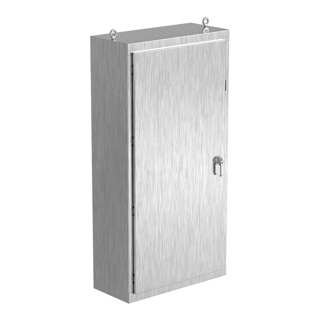 SCE-N80XM4018SS - Saginaw NextGen series disconnect enclosure, NEMA 3R/4/4X/12/13, 80 x 40 x 18in (HxWxD), freestanding, 304 stainless steel, #4 brush finish, single-door, 3-point padlocking combo handle.