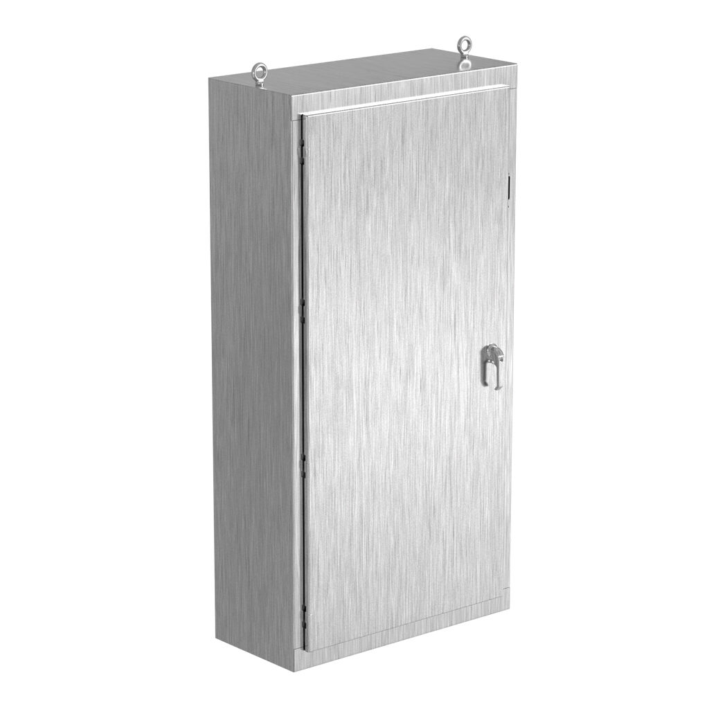 SCE-N80XM4018SS6 - Saginaw NextGen series disconnect enclosure, NEMA 3R/4/4X/12/13, 80 x 40 x 18in (HxWxD), freestanding, 316 stainless steel, #4 brush finish, single-door, 3-point padlocking combo handle.
