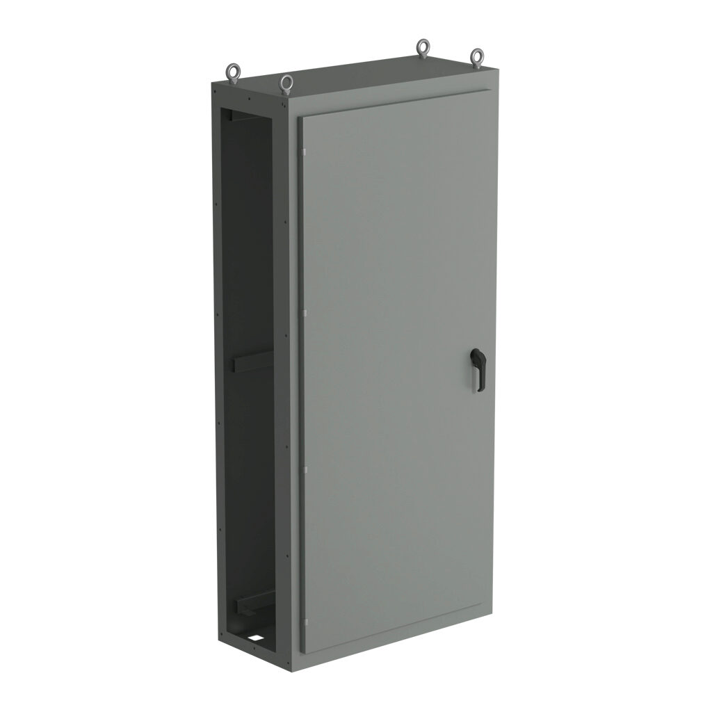 SCE-N86C4018 - Saginaw NextGen series center enclosure bay, NEMA 3R/4/12/13, 86 x 40 x 18in (HxWxD), freestanding, carbon steel, ANSI 61 gray, polyester powder coat finish, single-door, 3-point padlocking combo handle.