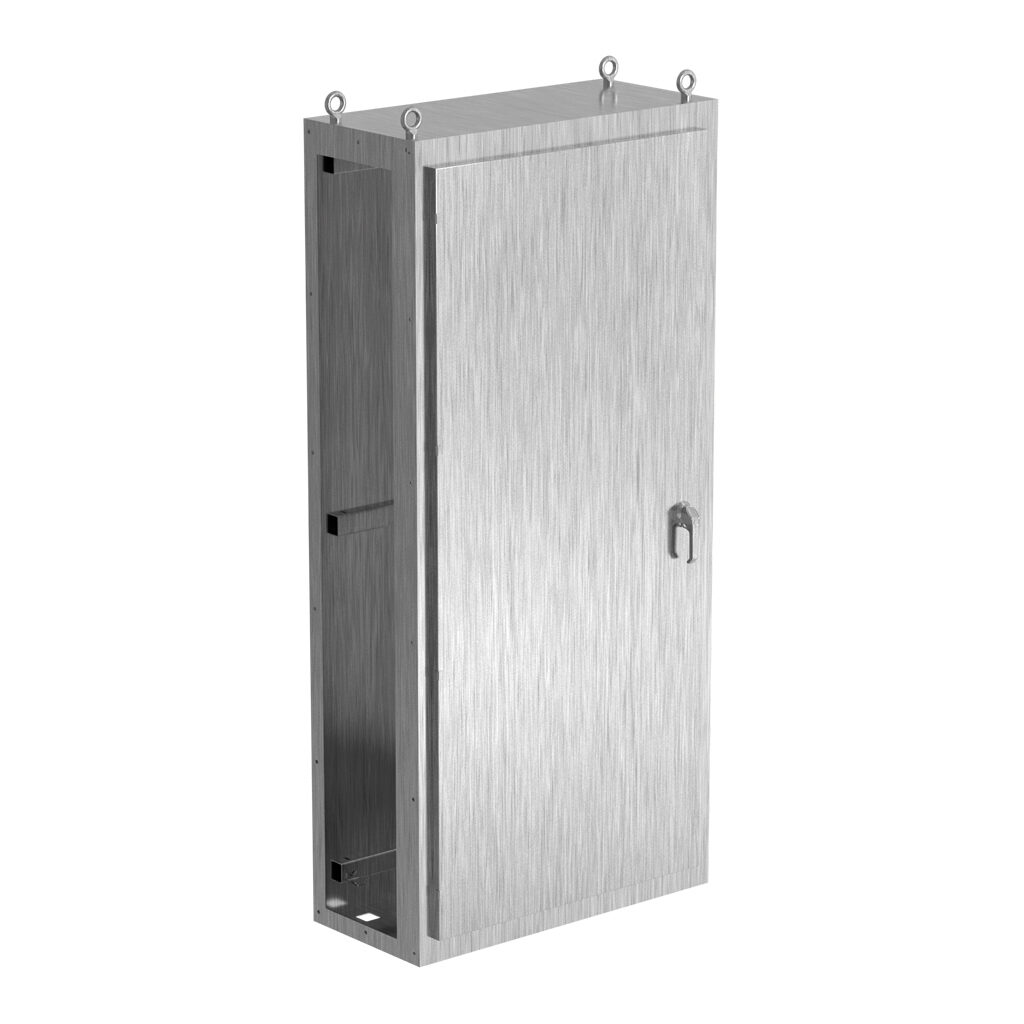 SCE-N86C4018SS - Saginaw NextGen series center enclosure bay, NEMA 3R/4/4X/12/13, 86 x 40 x 18in (HxWxD), freestanding, 304 stainless steel, #4 brush finish, single-door, 3-point padlocking combo handle.