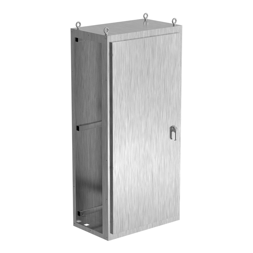 SCE-N86C4024SS6 - Saginaw NextGen series center enclosure bay, NEMA 3R/4/4X/12/13, 86 x 40 x 24in (HxWxD), freestanding, 316 stainless steel, #4 brush finish, single-door, 3-point padlocking combo handle.
