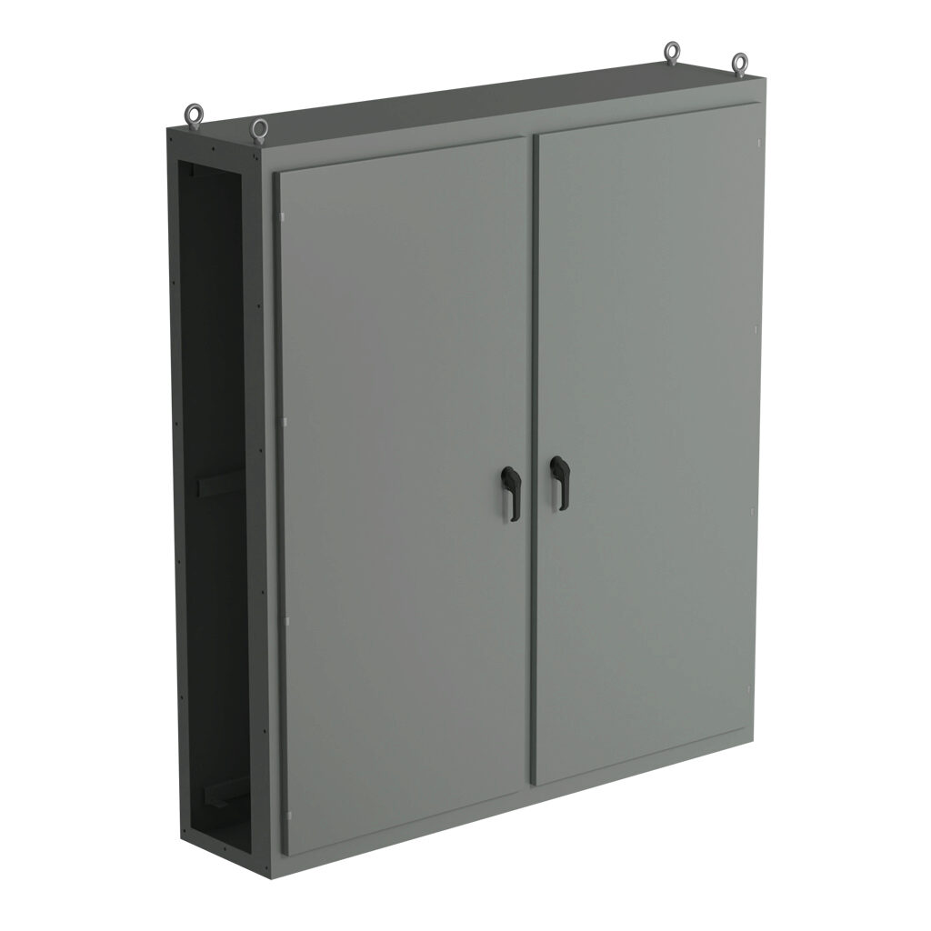 SCE-N86C7818 - Saginaw NextGen series center enclosure bay, NEMA 3R/4/12/13, 86 x 78 x 18in (HxWxD), freestanding, carbon steel, ANSI 61 gray, polyester powder coat finish, 2-door, 3-point padlocking combo handle.