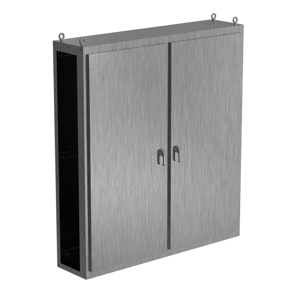 SCE-N86C7818SS - Saginaw NextGen series center enclosure bay, NEMA 3R/4/4X/12/13, 86 x 78 x 18in (HxWxD), freestanding, 304 stainless steel, #4 brush finish, 2-door, 3-point padlocking combo handle.