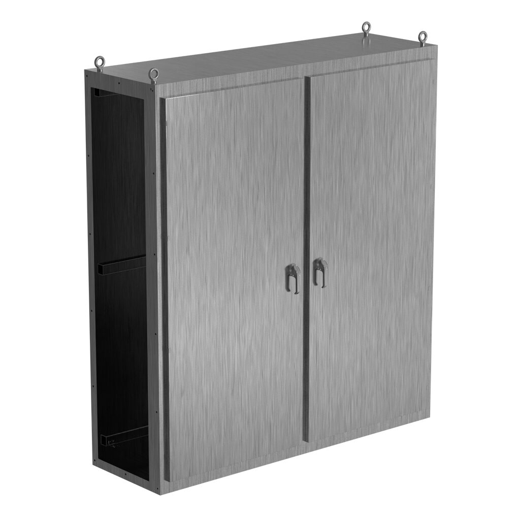 SCE-N86C7824SS6 - Saginaw NextGen series center enclosure bay, NEMA 3R/4/4X/12/13, 86 x 78 x 24in (HxWxD), freestanding, 316 stainless steel, #4 brush finish, 2-door, 3-point padlocking combo handle.