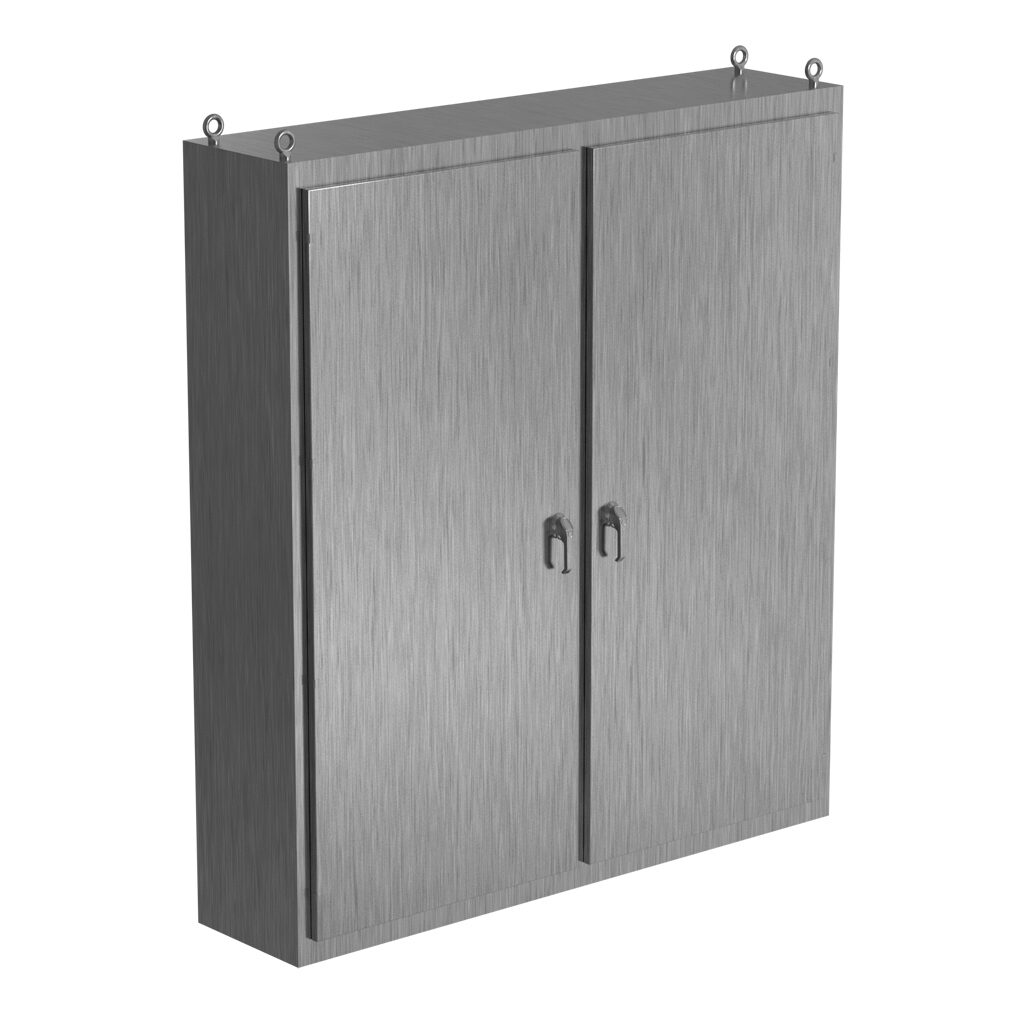 SCE-N86L7818SS6 - Saginaw NextGen series left enclosure bay, NEMA 3R/4/4X/12/13, 86 x 78 x 18in (HxWxD), freestanding, 316 stainless steel, #4 brush finish, 2-door, 3-point padlocking combo handle.