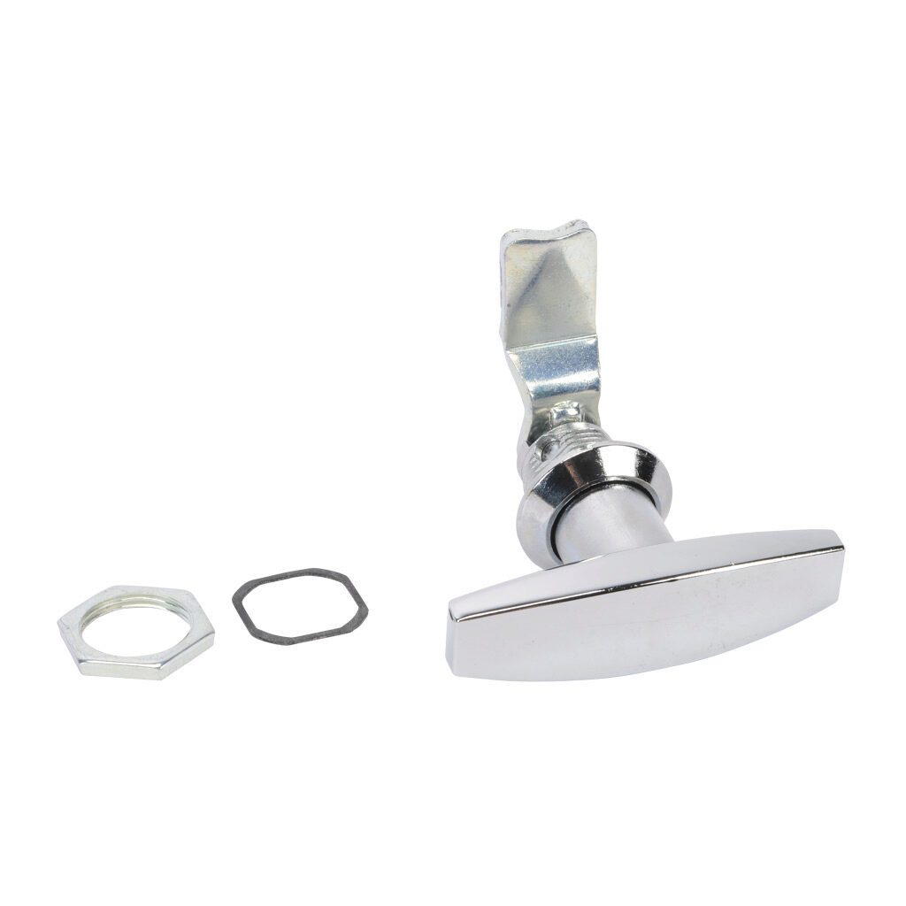 SCE-NLTH - Saginaw enclosure latch, replacement, 1/4-turn tee handle, 1-point, die-cast zinc, chrome finish. For use with Enviroline series enclosures. (1) SCE-102804 cam included.