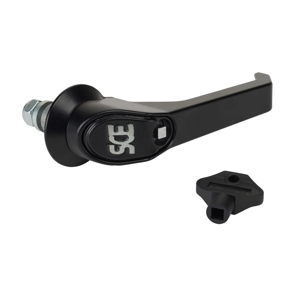 SCE-PCH5-7SC - Saginaw latch handle, replacement, 5in, 7mm square, 1/4-turn, die-cast zinc, black matte finish. For use with Saginaw enclosures with 3-point door hardware. (1) SCE-101695 key included. Requires SCE-ARK36 door rod kit or SCE-3PTSMC ...