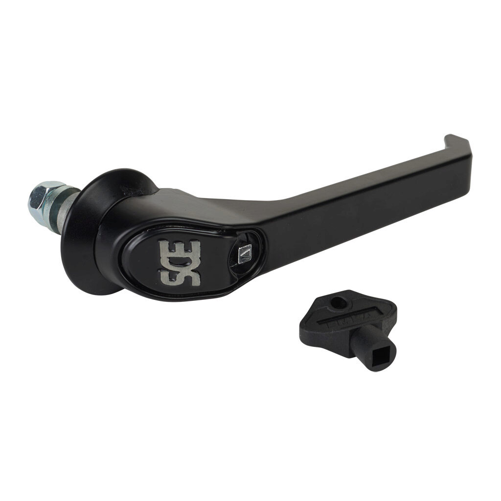 SCE-PCH7-7SC - Saginaw latch handle, replacement, 7in, 7mm square, 1/4-turn, die-cast zinc, black matte finish. For use with Saginaw enclosures with 3-point door hardware. (1) SCE-101695 key included. Requires SCE-ARK36 door rod kit or SCE-102237 ...