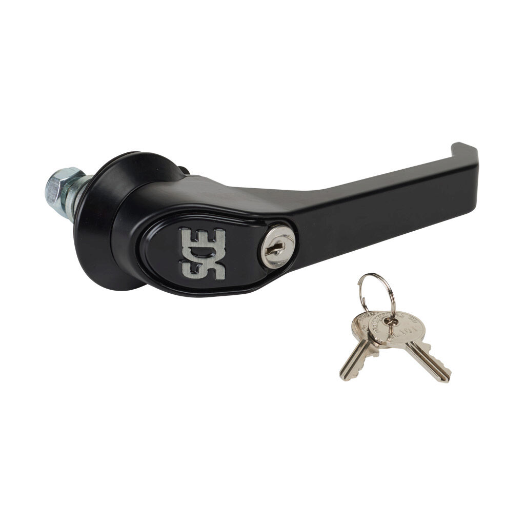 SCE-PKH5 - Saginaw latch handle, replacement, 5in, keylocking/padlocking, 1/4-turn, die-cast zinc, black matte finish. For use with Saginaw enclosures with 3-point door hardware. (2) SCE-KC101 keys included. Requires SCE-ARK36 door rod kit or SCE-...
