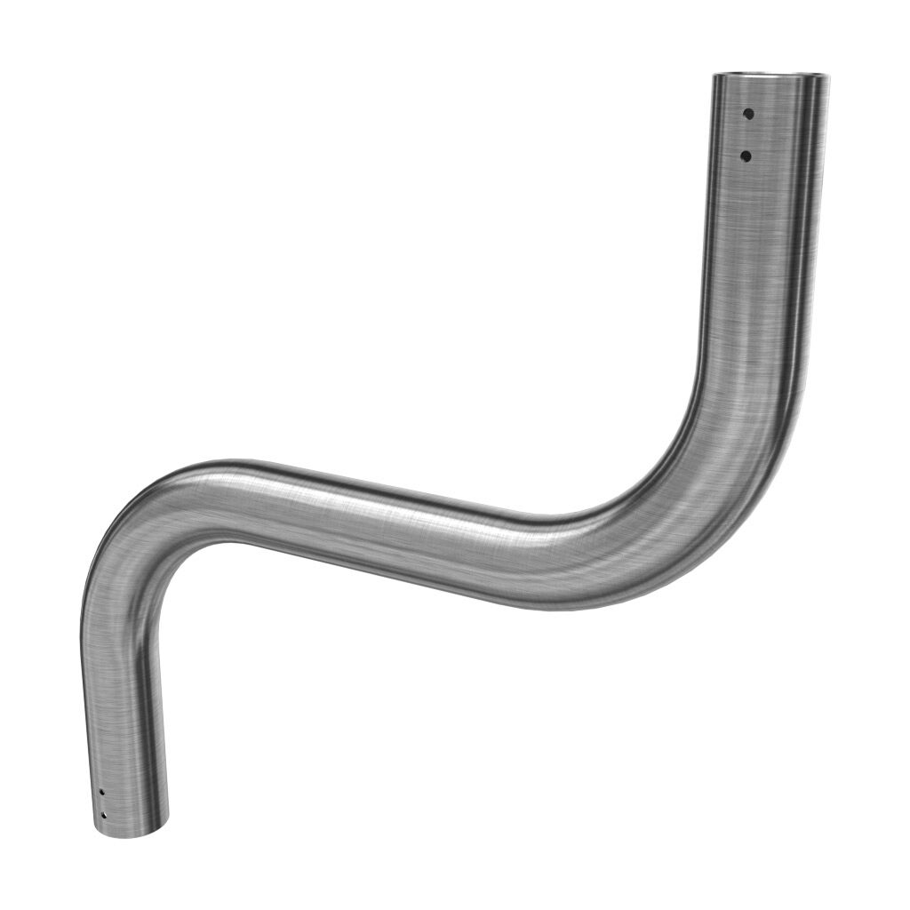 SCE-SAS20S - Saginaw suspension arm profile, round S-bend, 2.38in OD, 19.69 x 23.62in offset, 304 stainless steel, #4 brush finish.