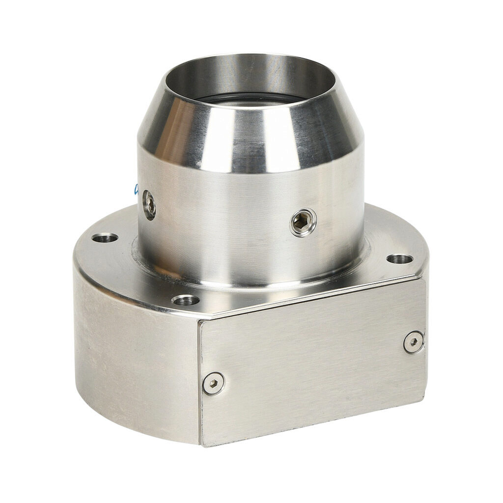 SCE-SASFSCO - Saginaw suspension arm fitting, floor stand with cable outlet, 304 stainless steel, #4 brush finish. For use with 2.38in round tube suspension arm profile.