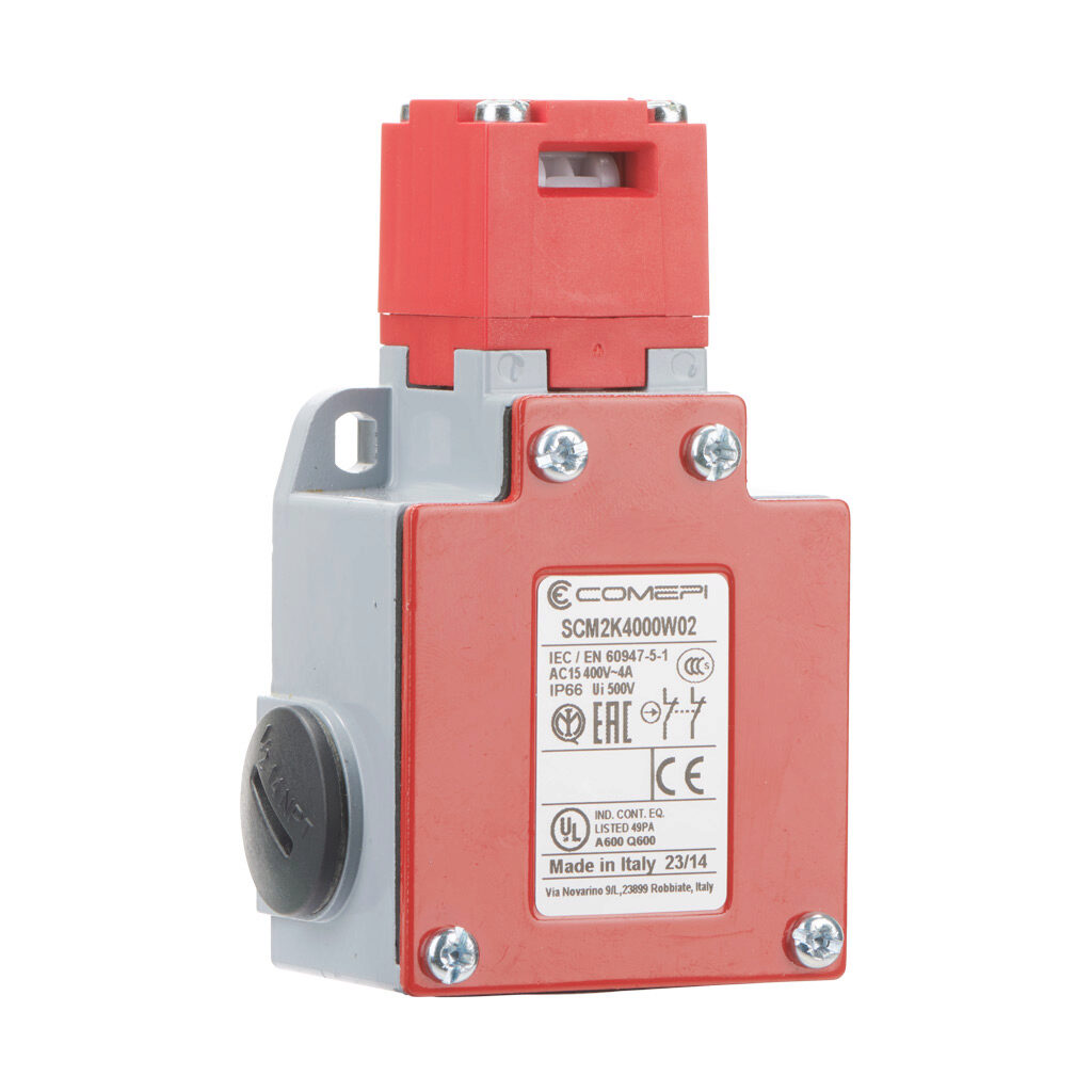 SCM2K4000W02 - Comepi safety switch, tongue (key) interlock, 90-degree adjustable head, (2) N.C. safety output(s), 62 x 108 x 43mm, die-cast aluminum body, thermoplastic head.