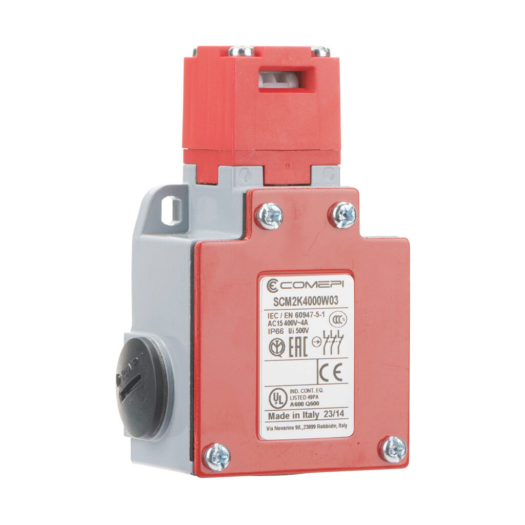 SCM2K4000W03 - Comepi safety switch, tongue (key) interlock, 90-degree adjustable head, (3) N.C. safety output(s), 62 x 108 x 43mm, die-cast aluminum body, thermoplastic head.