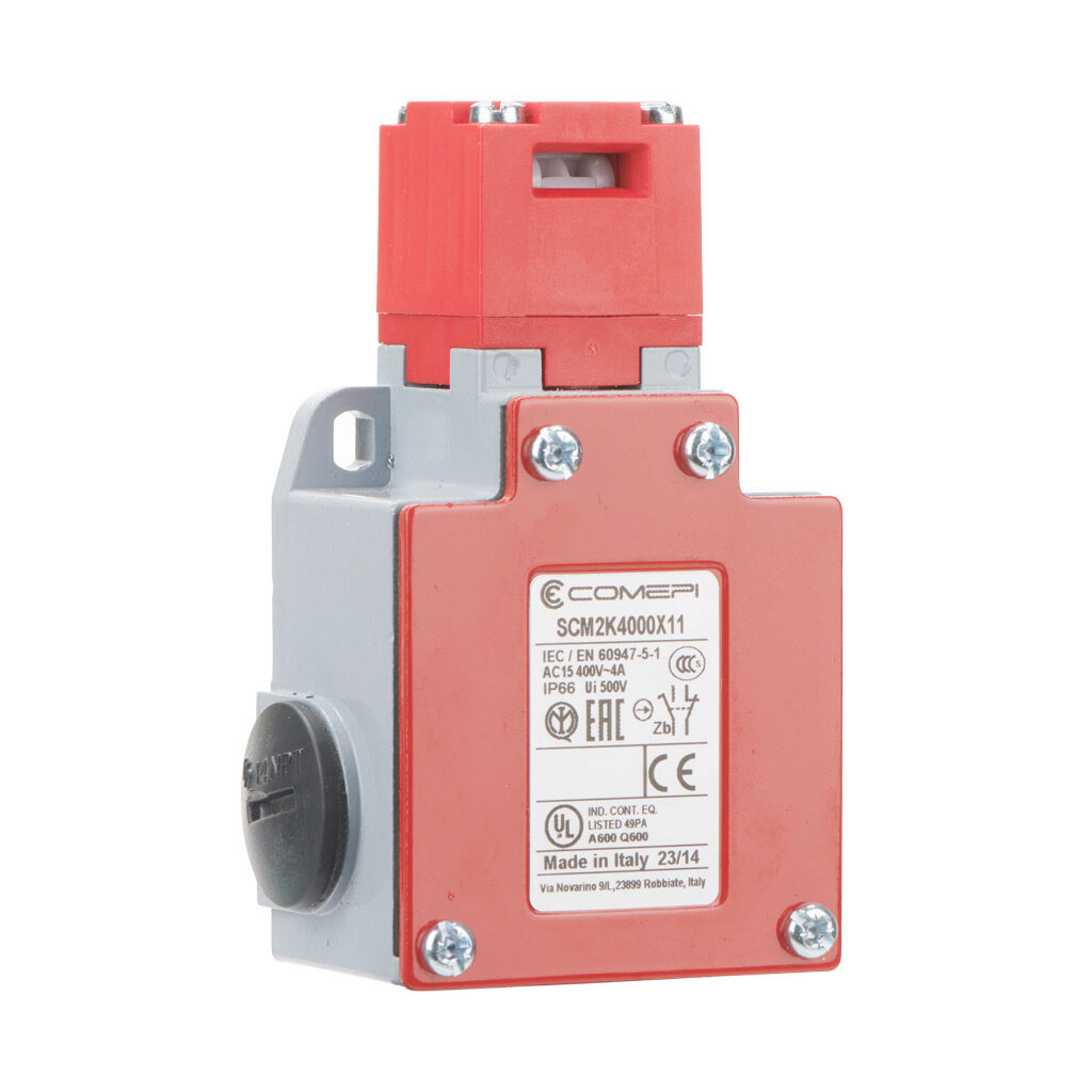 SCM2K4000X11 - Comepi safety switch, tongue (key) interlock, 90-degree adjustable head, (1) N.C. safety output(s), (1) N.O. monitoring output(s), 62 x 108 x 43mm, die-cast aluminum body, thermoplastic head.