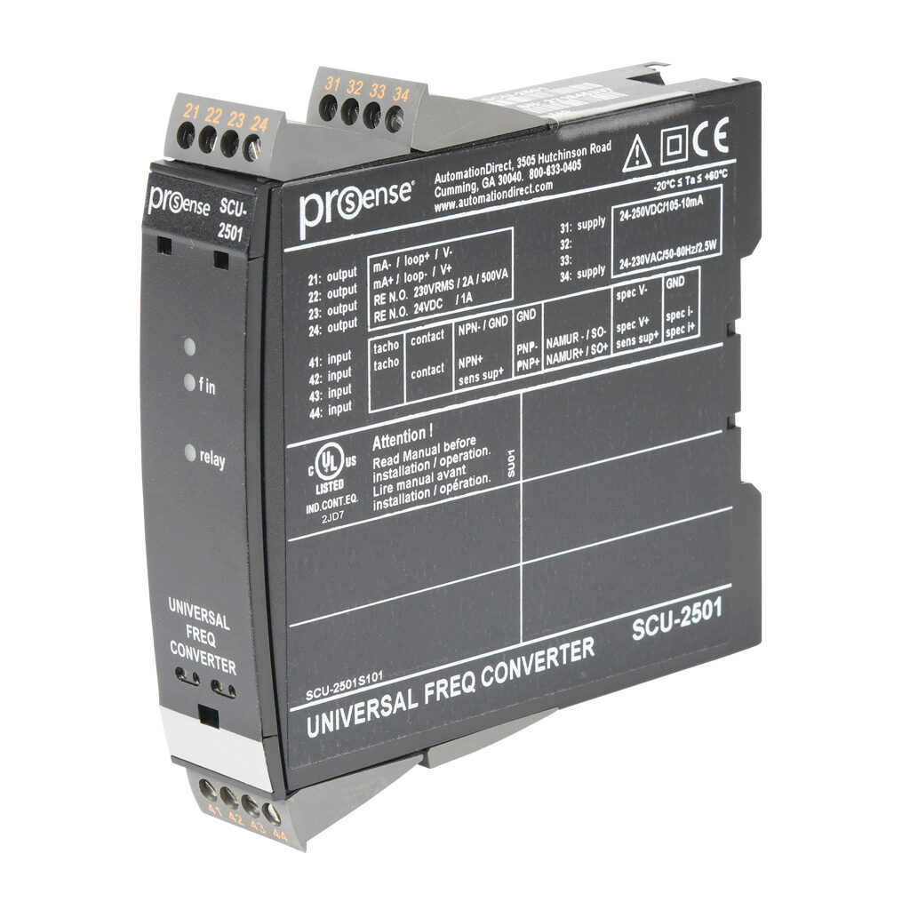 SCU-2501 - ProSense signal conditioner, isolated, Input: 1-channel, frequency, Output: 2-channel, current/voltage/relay, 21.6-253 VAC/19.2-300 VDC operating voltage, 35mm DIN rail mount.