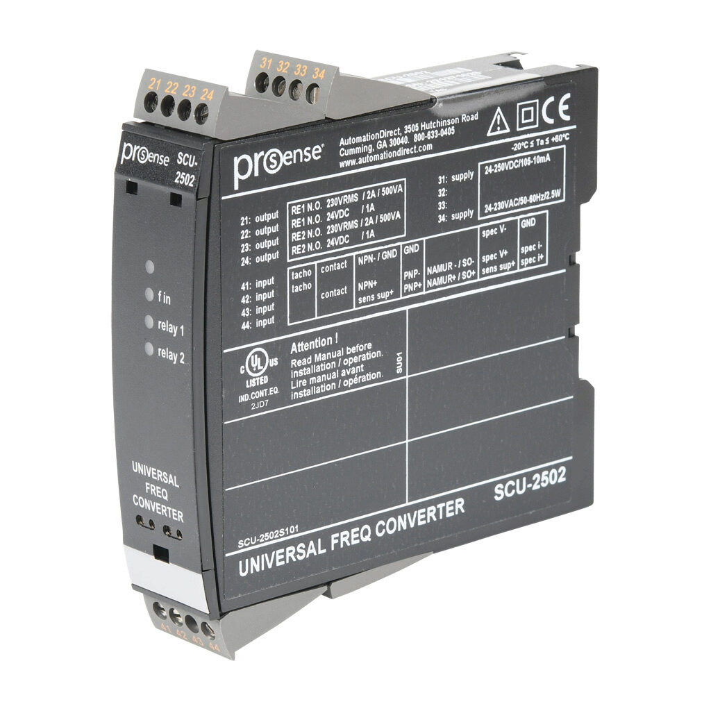 SCU-2502 - ProSense signal conditioner, isolated, Input: 1-channel, frequency, Output: 2-channel, relay, 21.6-253 VAC/19.2-300 VDC operating voltage, 35mm DIN rail mount.