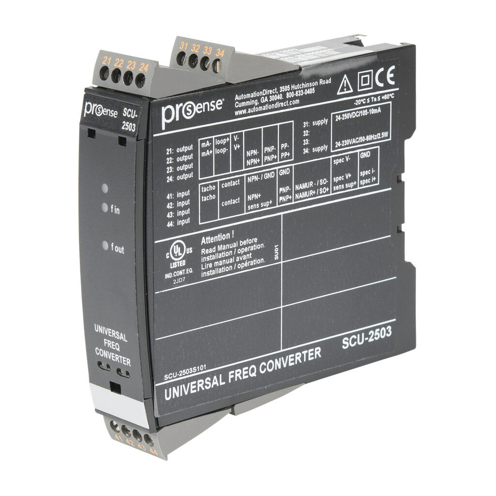 SCU-2503 - ProSense signal conditioner, isolated, Input: 1-channel, frequency, Output: 2-channel, current/voltage/frequency, 21.6-253 VAC/19.2-300 VDC operating voltage, 35mm DIN rail mount.