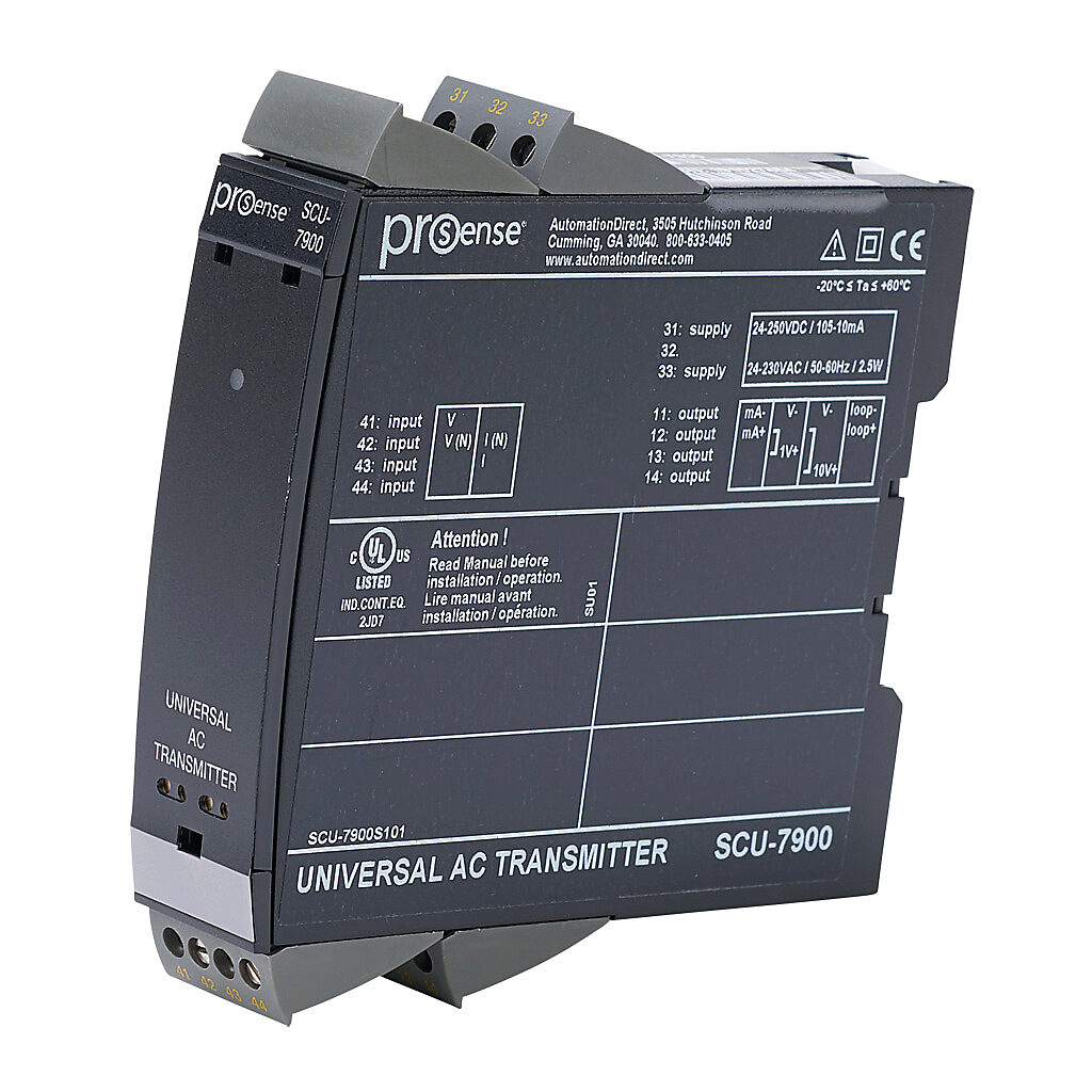 SCU-7900 - ProSense signal conditioner, isolated, Input: 1-channel, AC current/AC voltage, Output: 1-channel, current/voltage, 21.6-253 VAC/19.2-300 VDC operating voltage, 35mm DIN rail mount.