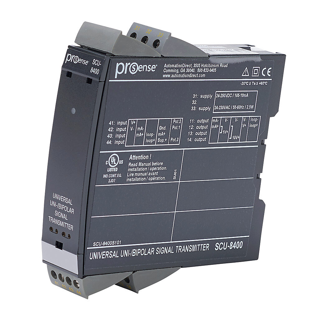 SCU-8400 - ProSense signal conditioner, isolated, Input: 1-channel, unipolar or bipolar current/voltage/potentiometer, Output: 1-channel, unipolar or bipolar current/voltage, 21.6-253 VAC/19.2-300 VDC operating voltage, 35mm DIN rail mount.