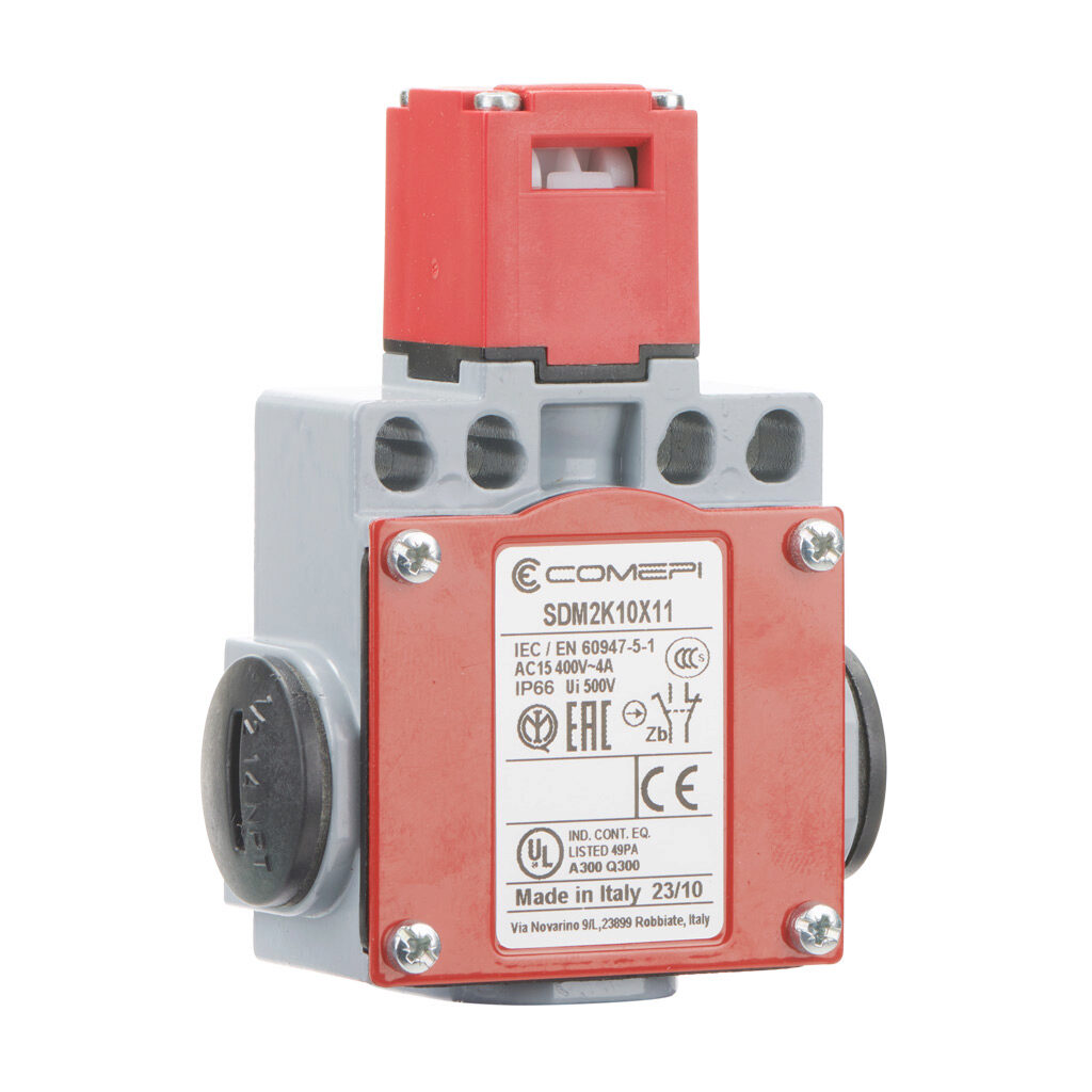 SDM2K10X11 - Comepi safety switch, tongue (key) interlock, 90-degree adjustable head, (1) N.C. safety output(s), (1) N.O. monitoring output(s), 59 x 100 x 32mm, zinc alloy body, thermoplastic head.