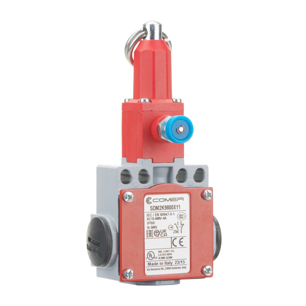 SDM2K9800X11 - Comepi safety switch, cable-pull interlock, with reset, 15m maximum pull cable length, (1) N.C. safety output(s), (1) N.O. monitoring output(s), zinc alloy body, thermoplastic head, (3) 1/2in NPT cable entries.