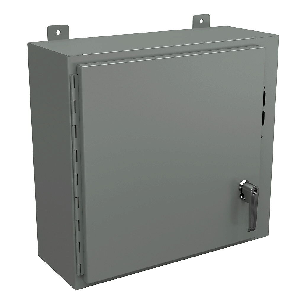SDN12202108PL - Wiegmann disconnect enclosure, NEMA 12/13, right flange, 20 x 21 x 8in (HxWxD), wall mount, carbon steel, ANSI 61 gray, powder coat finish, single-door, 2-point padlocking handle, purchase subpanel separately.