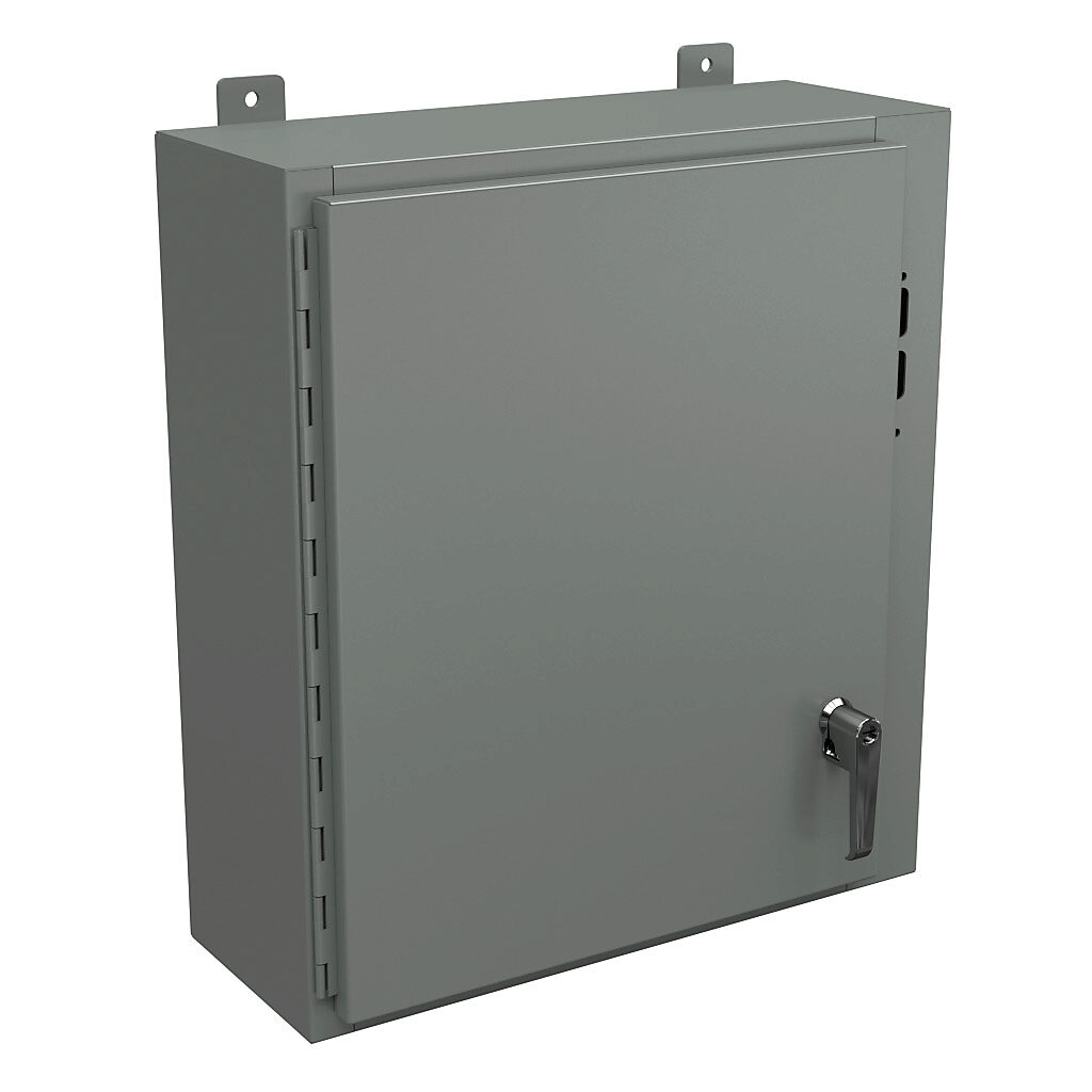 SDN12242108PL - Wiegmann disconnect enclosure, NEMA 12/13, right flange, 24 x 21 x 8in (HxWxD), wall mount, carbon steel, ANSI 61 gray, powder coat finish, single-door, 2-point padlocking handle, purchase subpanel separately.