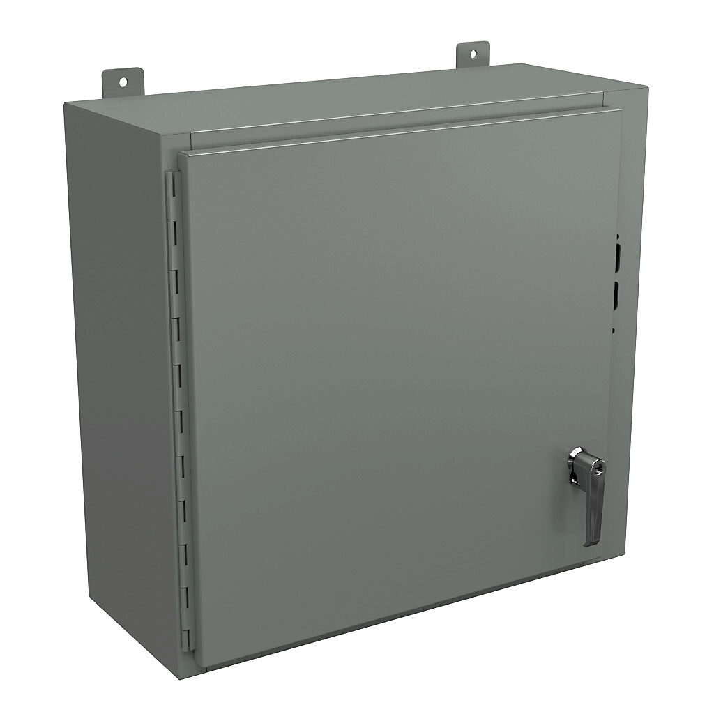 SDN12242510PL - Wiegmann disconnect enclosure, NEMA 12/13, right flange, 24 x 25 x 10in (HxWxD), wall mount, carbon steel, ANSI 61 gray, powder coat finish, single-door, 2-point padlocking handle, purchase subpanel separately.