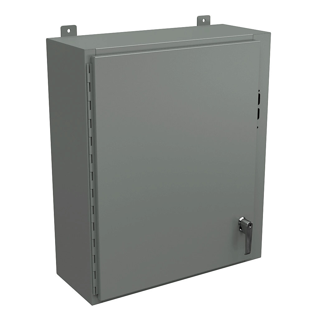 SDN12302510PL - Wiegmann disconnect enclosure, NEMA 12/13, right flange, 30 x 25 x 10in (HxWxD), wall mount, carbon steel, ANSI 61 gray, powder coat finish, single-door, 2-point padlocking handle, purchase subpanel separately.