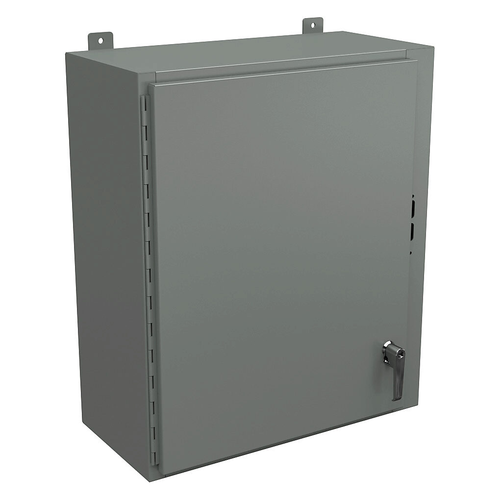 SDN12302612PL - Wiegmann disconnect enclosure, NEMA 12/13, right flange, 30 x 25 x 12in (HxWxD), wall mount, carbon steel, ANSI 61 gray, powder coat finish, single-door, 2-point padlocking handle, purchase subpanel separately.