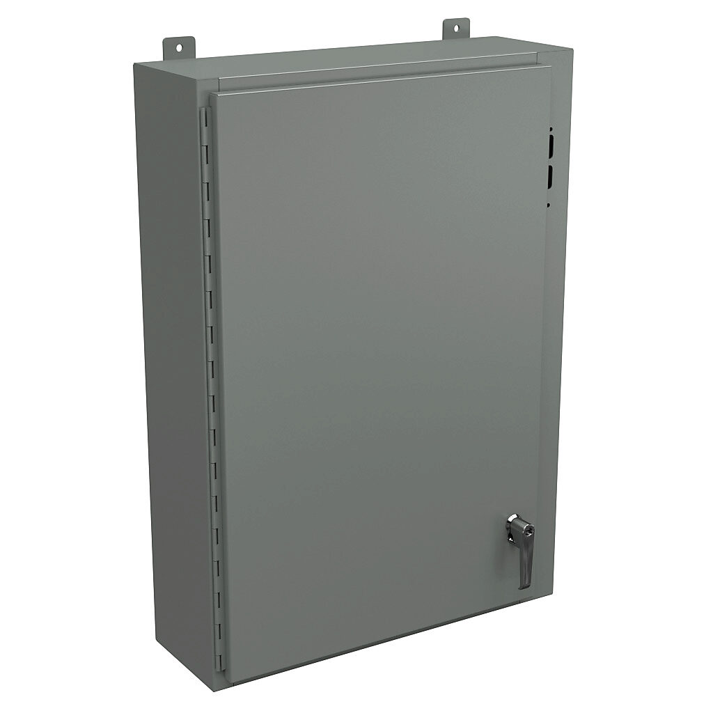 SDN12362508PL - Wiegmann disconnect enclosure, NEMA 12/13, right flange, 36 x 25 x 8in (HxWxD), wall mount, carbon steel, ANSI 61 gray, powder coat finish, single-door, 2-point padlocking handle, purchase subpanel separately.