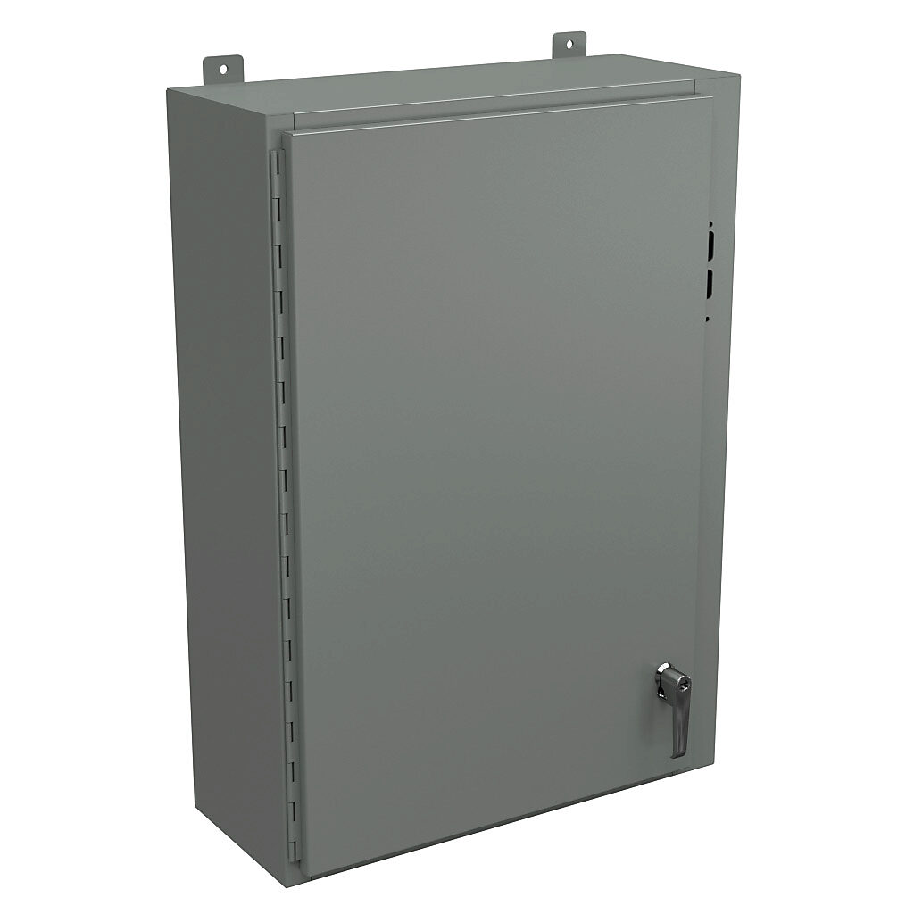 SDN12362510PL - Wiegmann disconnect enclosure, NEMA 12/13, right flange, 36 x 25 x 10in (HxWxD), wall mount, carbon steel, ANSI 61 gray, powder coat finish, single-door, 2-point padlocking handle, purchase subpanel separately.