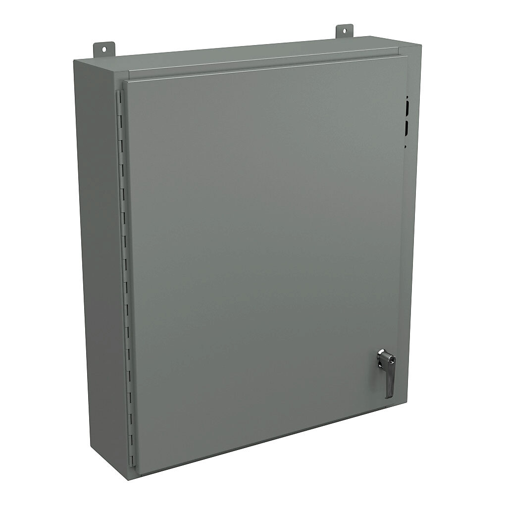 SDN12363108PL - Wiegmann disconnect enclosure, NEMA 12/13, right flange, 36 x 31 x 8in (HxWxD), wall mount, carbon steel, ANSI 61 gray, powder coat finish, single-door, 2-point padlocking handle, purchase subpanel separately.