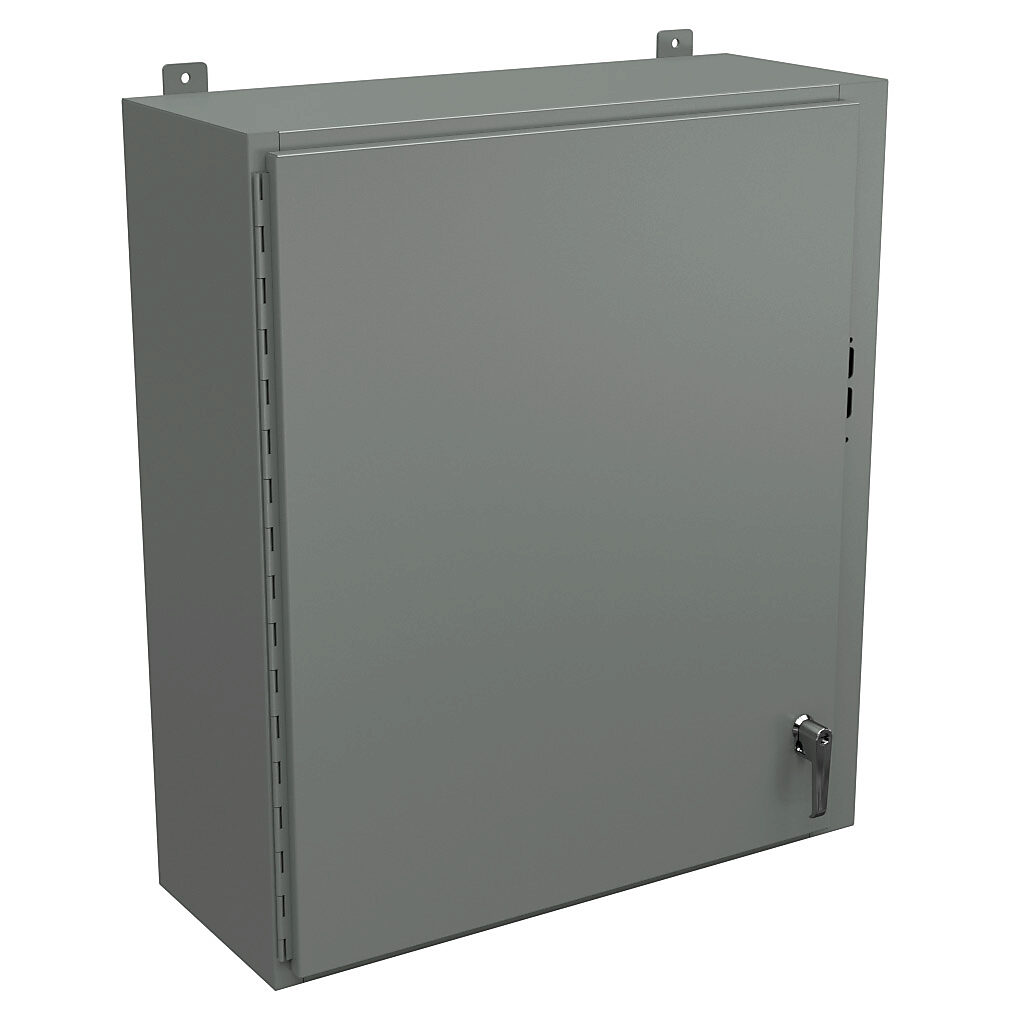 SDN12363212PL - Wiegmann disconnect enclosure, NEMA 12/13, right flange, 36 x 31 x 12in (HxWxD), wall mount, carbon steel, ANSI 61 gray, powder coat finish, single-door, 2-point padlocking handle, purchase subpanel separately.